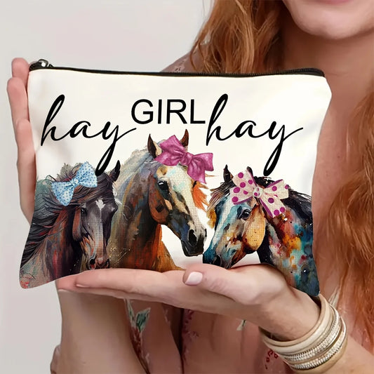 A "Girl's Meadow" Vintage Horse Print Makeup Bag- Multifunctional Zipper Pouch, Jewelry storage bag @ghoddosh.com