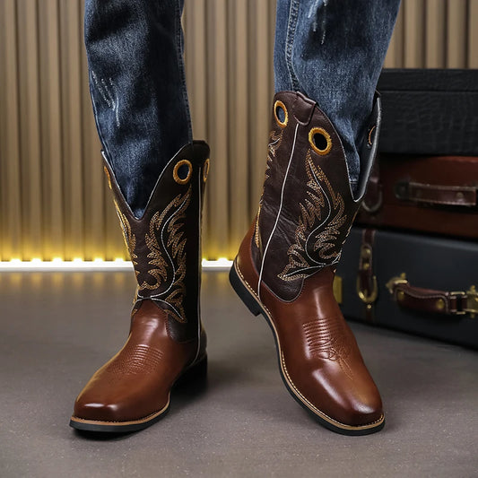 Men’s Knight High-Top  , Square Heels Embroidered Western Cowboy Boots - Ghoddosh