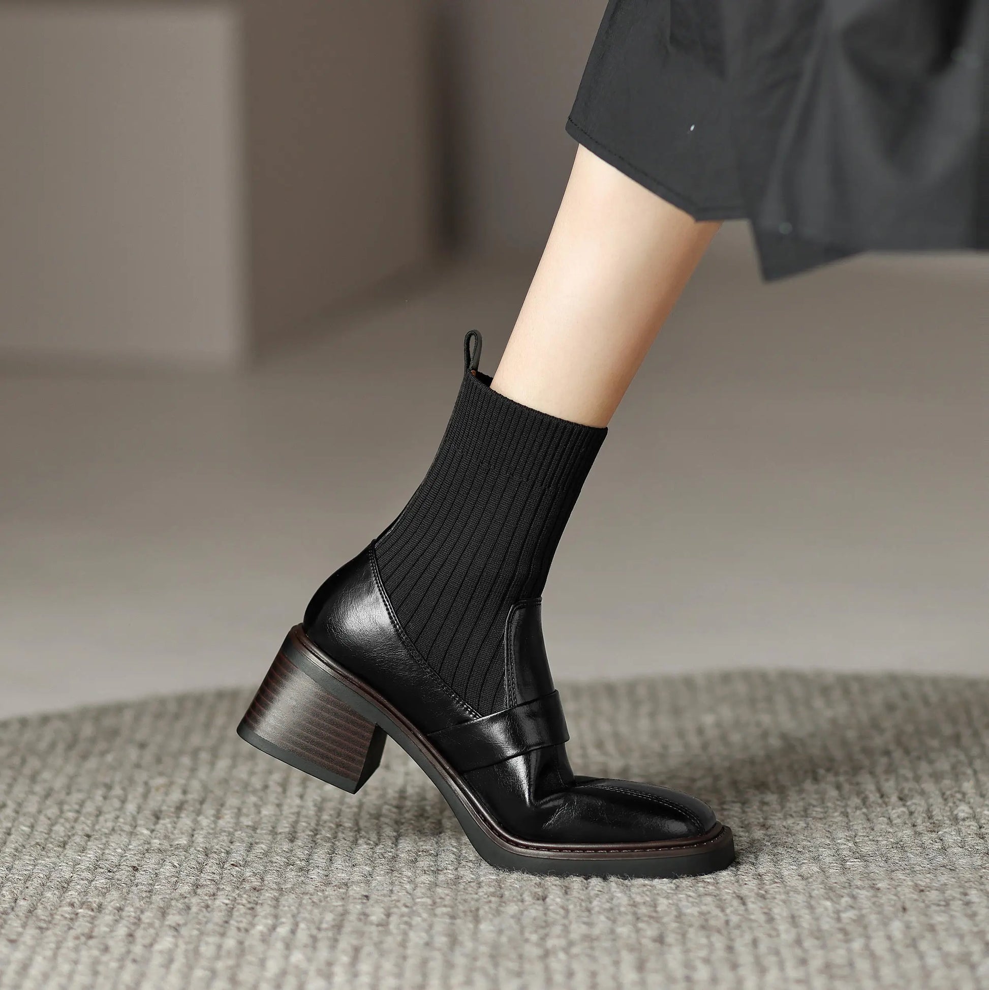 Retro Cow Split Leather Chelsea Boots — Square Toe, Platform Block Heel - Ghoddosh