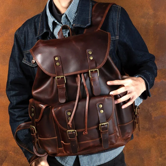 Vintage Horse Genuine Leather Backpack for Men, Large Capacity Travel Daypack, Fits 15-inch Laptop @ ghoddosh.com