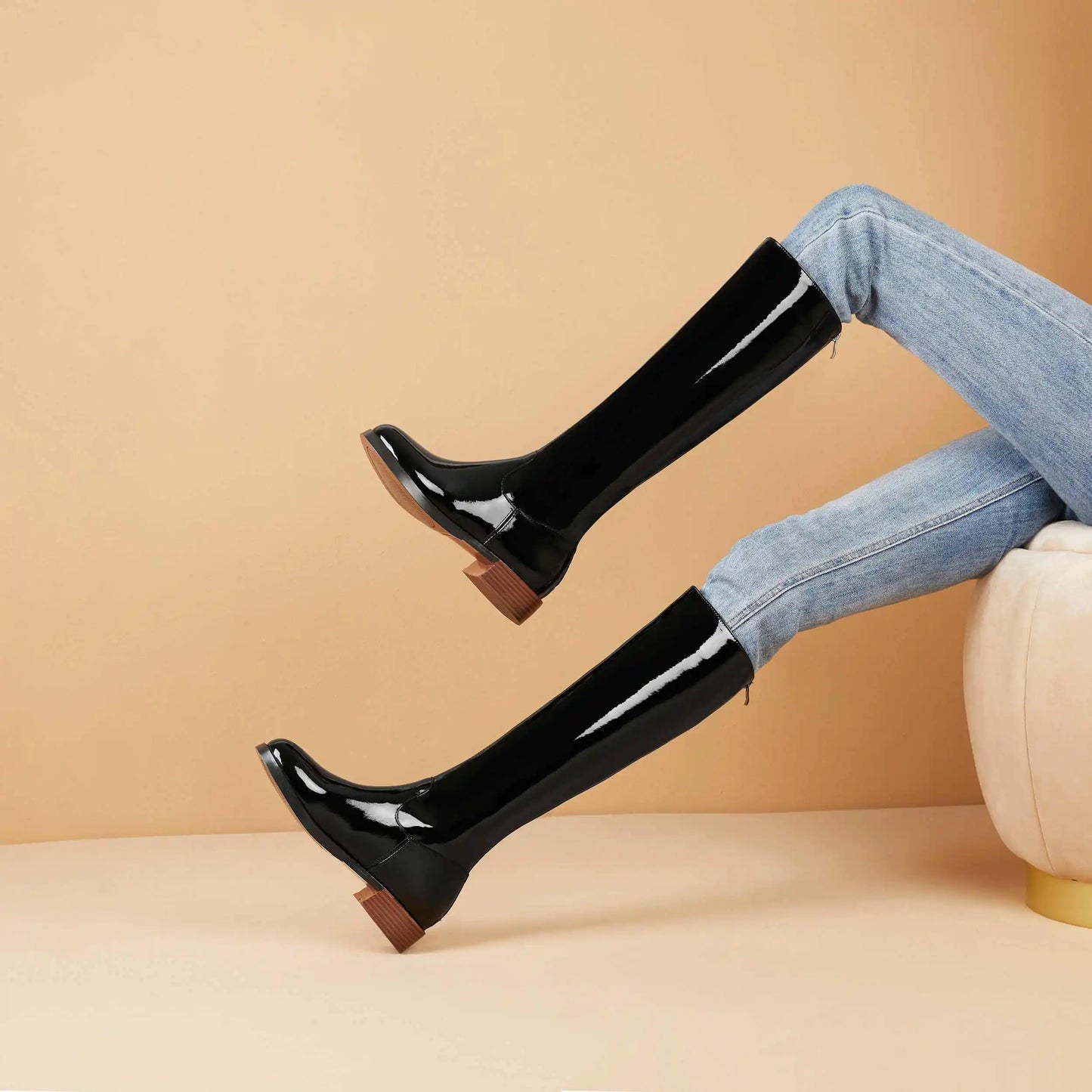 2026 New Arrival  Riding Boots - Cow Patent Leather Round Toe Med Heel Fashion Boots - ghoddosh.com 