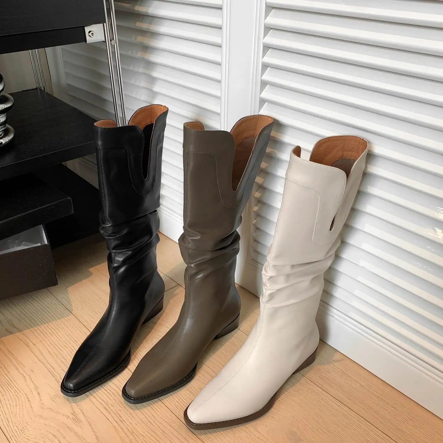 2026 New Cow Leather Round Toe Low Heels Winter Warm Riding Knee Boots  - ghoddosh.com