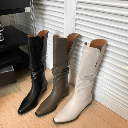 2026 New Cow Leather Round Toe Low Heels Winter Warm Riding Knee Boots  - ghoddosh.com
