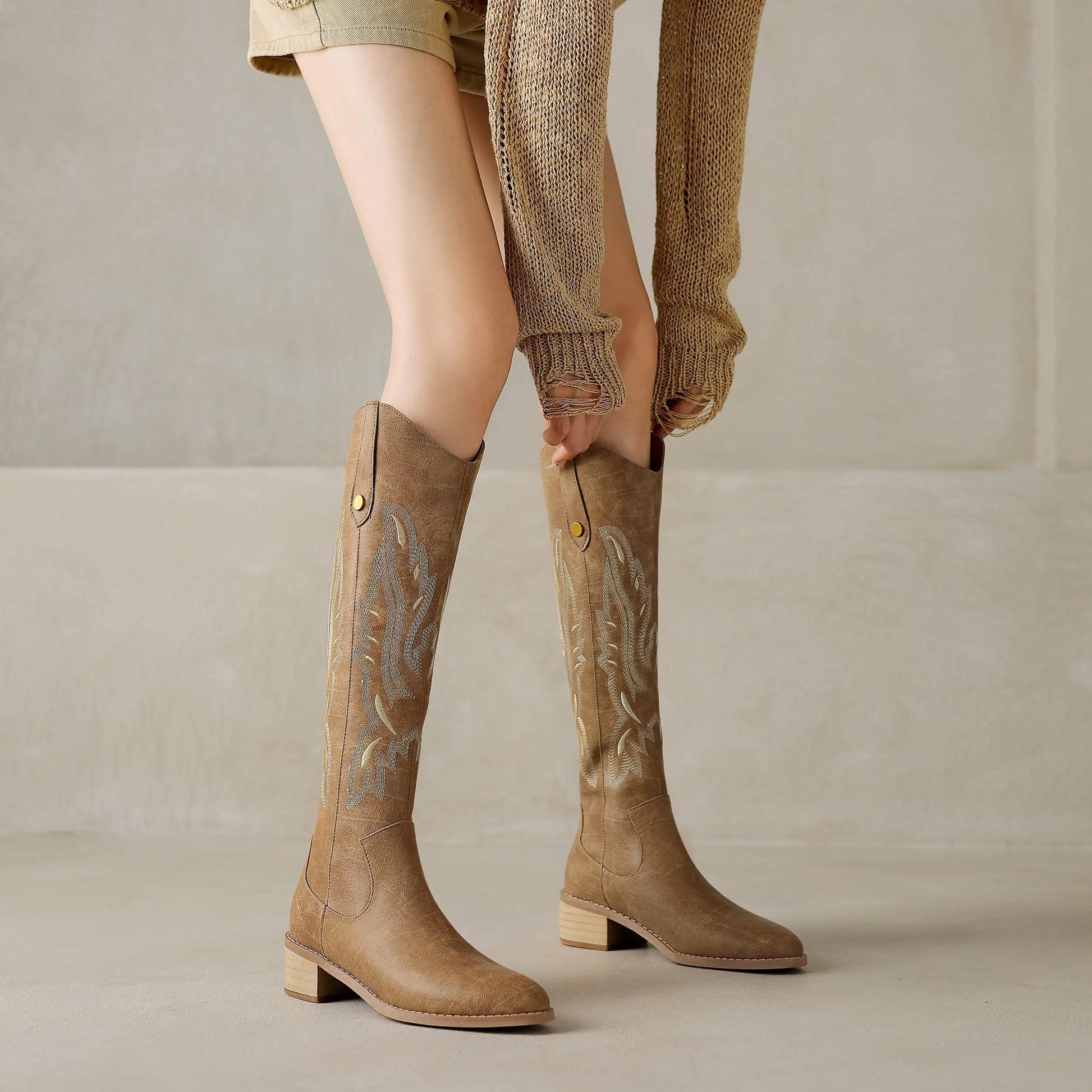 Cow Leather Embroider High Heels Modern Western Boots - Ghoddosh