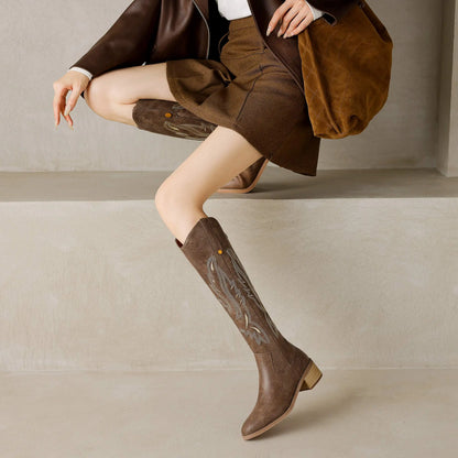 Cow Leather Embroider High Heels Modern Western Boots - Ghoddosh