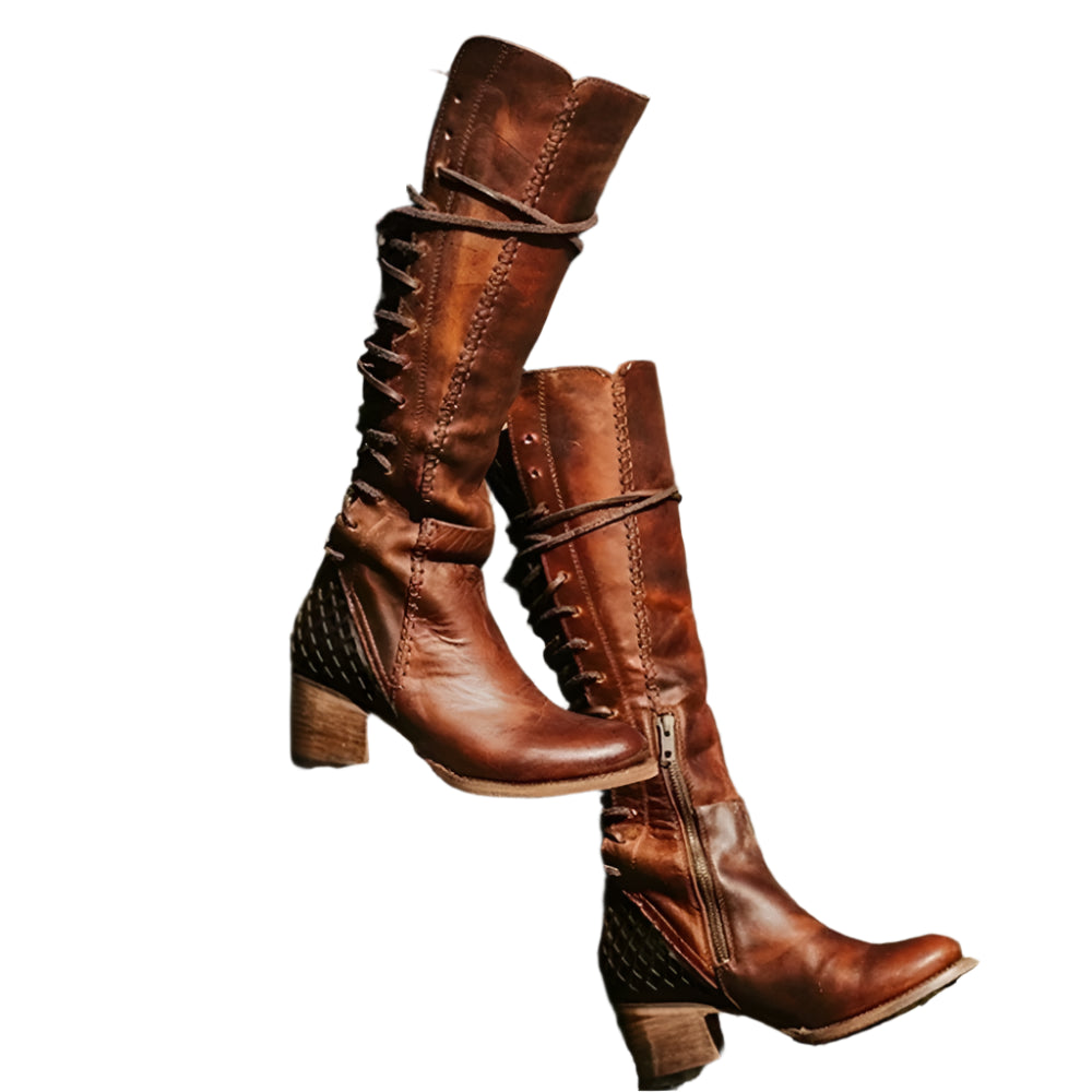 Vintage Cowboy Lace Up  Boots  Gladiator Round Toe Cross Tied Chunky Heels - Ghoddosh