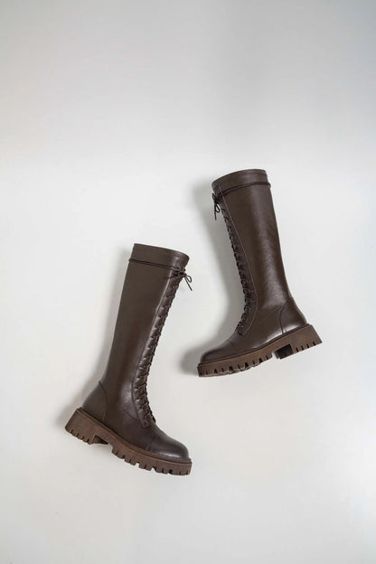Genuine Leather Round Toe High Heel Riding Boots / Cross-tied Vintage Gladiator Lady Casual Platform Knee-high Boots .Ghoddosh

