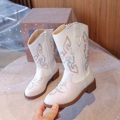 Kids Embroidered Western Cowboy Boots – Unisex Tall Pull-On Cowgirl Boots for Boys and Girls @ ghoddosh.com