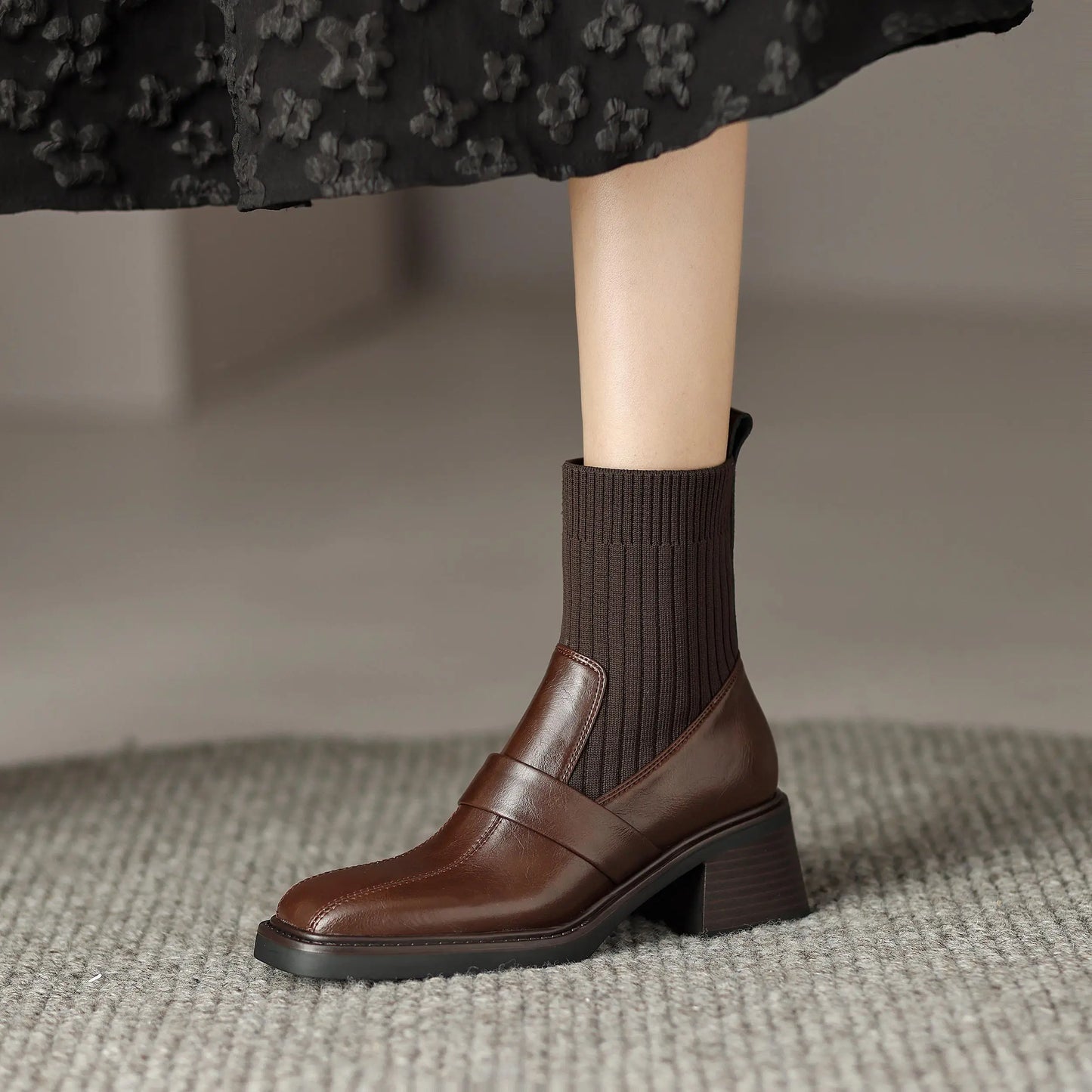 Retro Cow Split Leather Chelsea Boots — Square Toe, Platform Block Heel - Ghoddosh