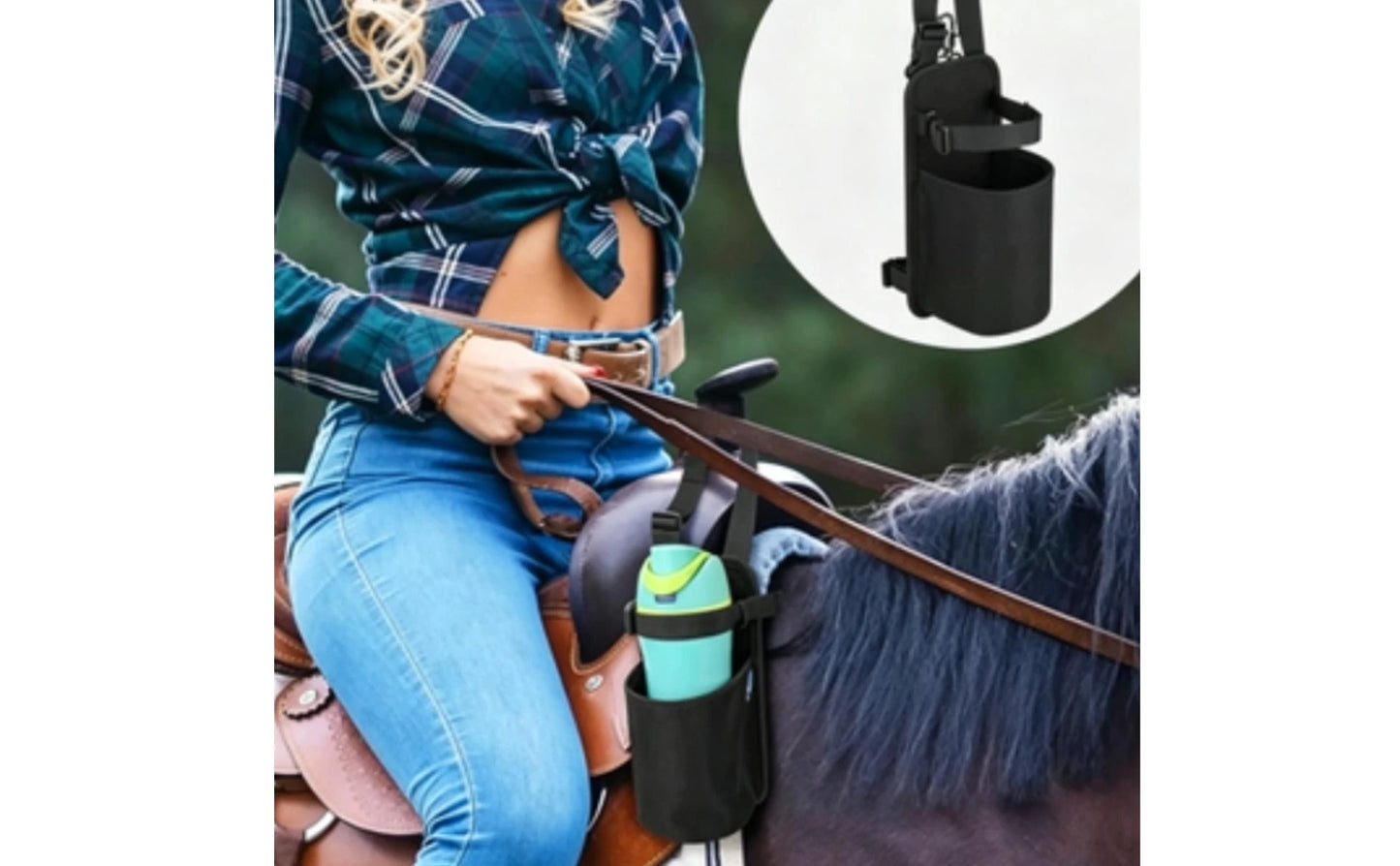 Horse Saddle Water Bottle Holder with Metal Buckle – Black Nylon Equestrian Drink Pouch for Trail Riding. @ ghoddosh.com