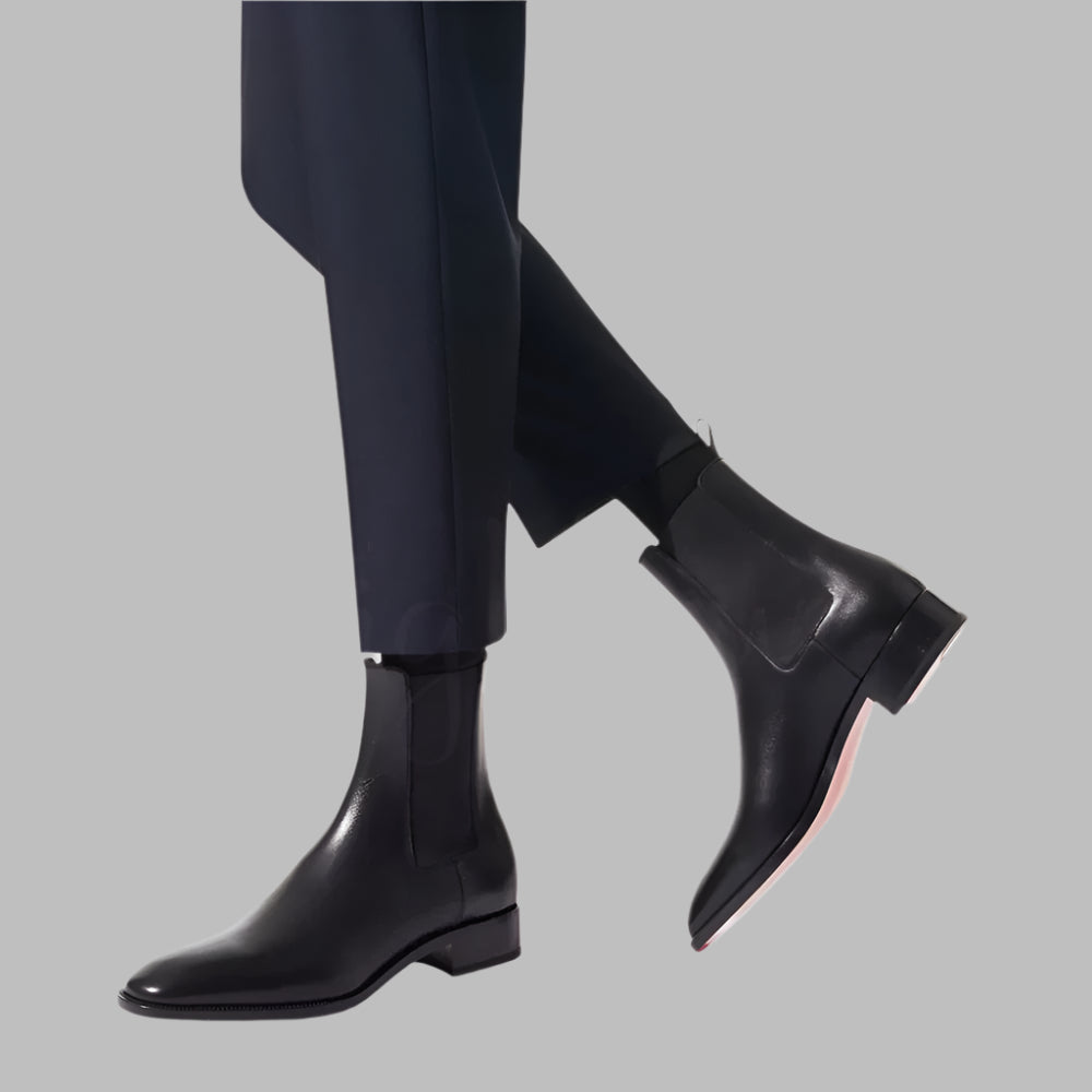 Men's Black Patent Leather Stretch Boots  Almond Toe Slip-On - Ghoddos