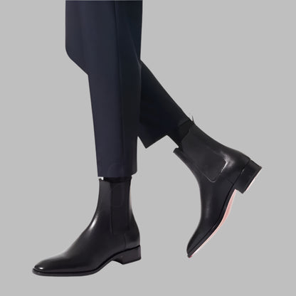 Men's Black Patent Leather Stretch Boots  Almond Toe Slip-On - Ghoddos