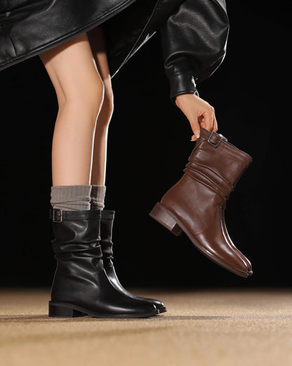 Cow Skin Med Heels Retro Pleated Western  Ankle Boots with Belt Buckle - Ghoddosh