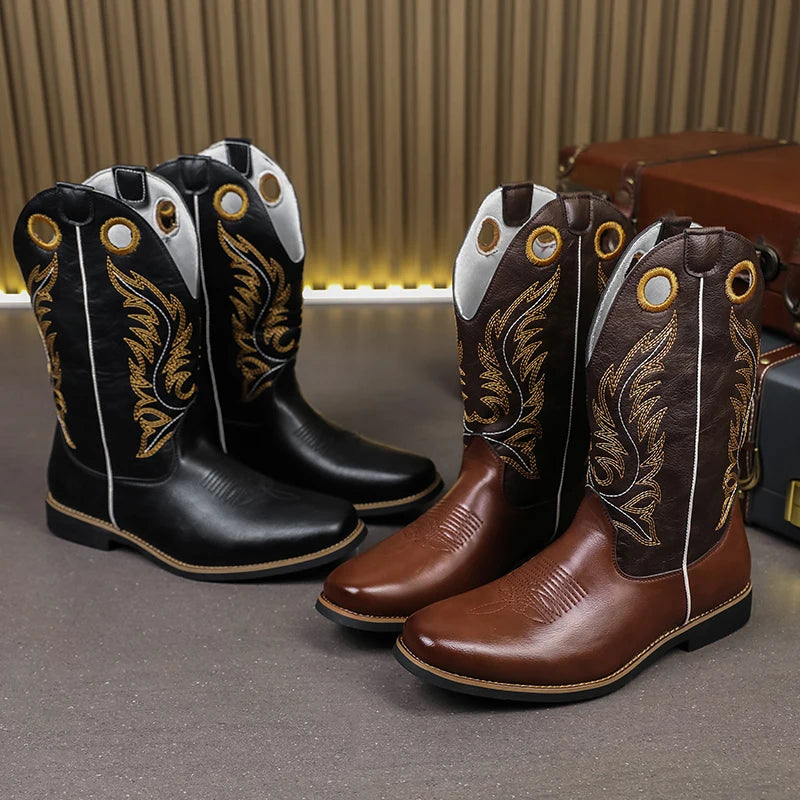 Men’s Knight High-Top  , Square Heels Embroidered Western Cowboy Boots - Ghoddosh