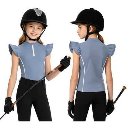 Girls Equestrian Quarter-Zip  Shirt | Kids Ruffled Sleeve Quick-Dry Horse Riding Top @ ghoddosh.com