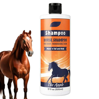   500 ml of horse shampoo and conditioner with orange labels and black horses on a white background.  @ ghoddosh.com