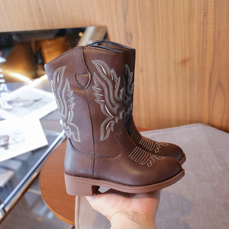 Kids Embroidered Western Cowboy Boots – Unisex Tall Pull-On Cowgirl Boots for Boys and Girls @ ghoddosh.com