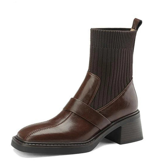 Retro Cow Split Leather Chelsea Boots — Square Toe, Platform Block Heel - Ghoddosh