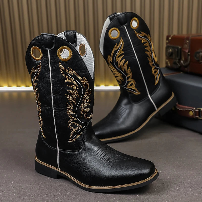 Men’s Knight High-Top  , Square Heels Embroidered Western Cowboy Boots - Ghoddosh