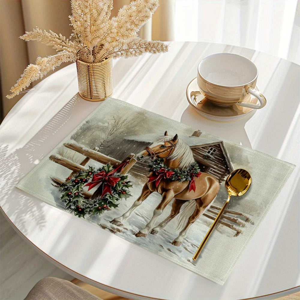 4-piece Christmas horse print placemat set - Non slip table mat for dining tables @ ghoddosh.com