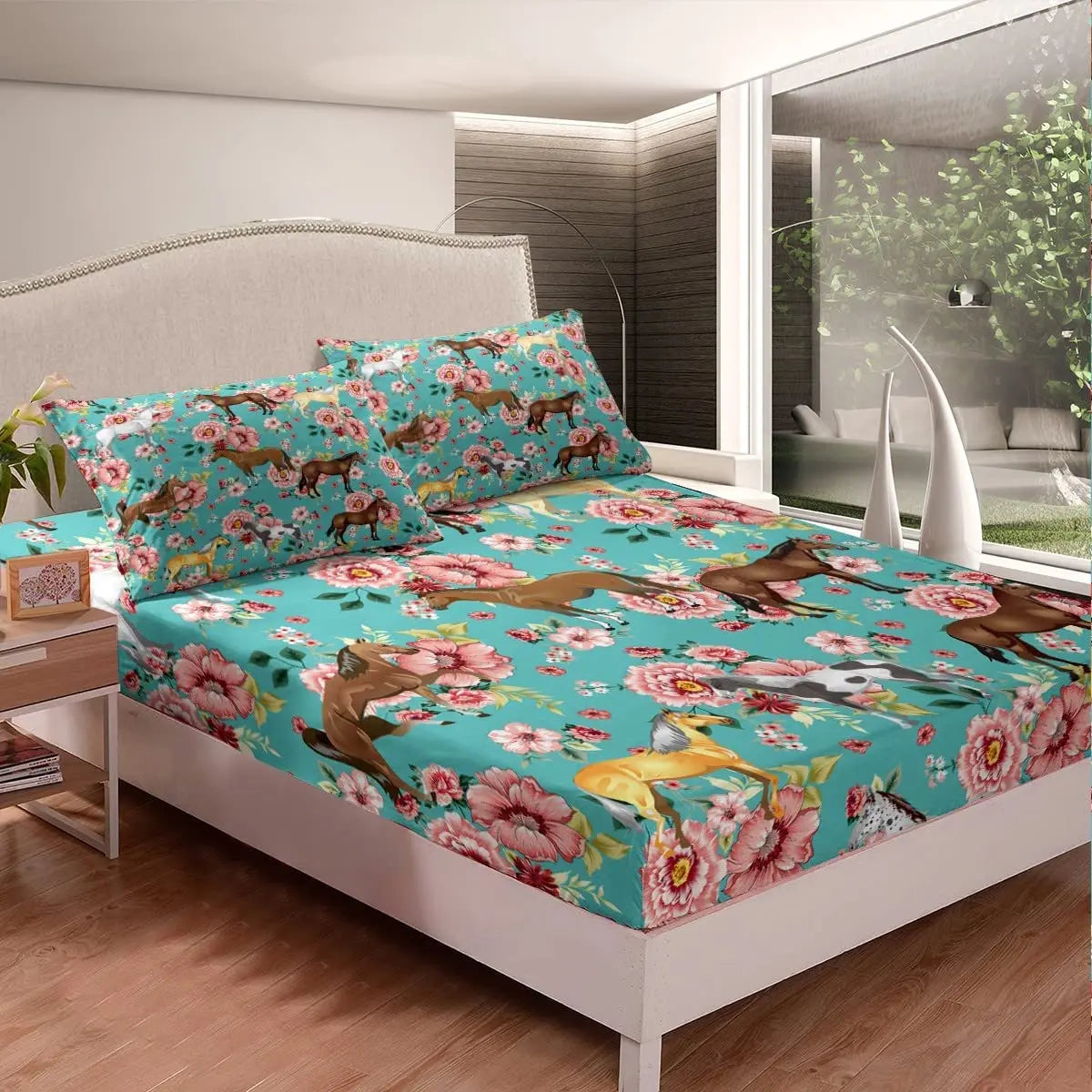 Horse Fitted Sheets ,Twin Size  Cute Horse  Bedding Set  with Pink Love Hearts Décor @ ghoddosh.com