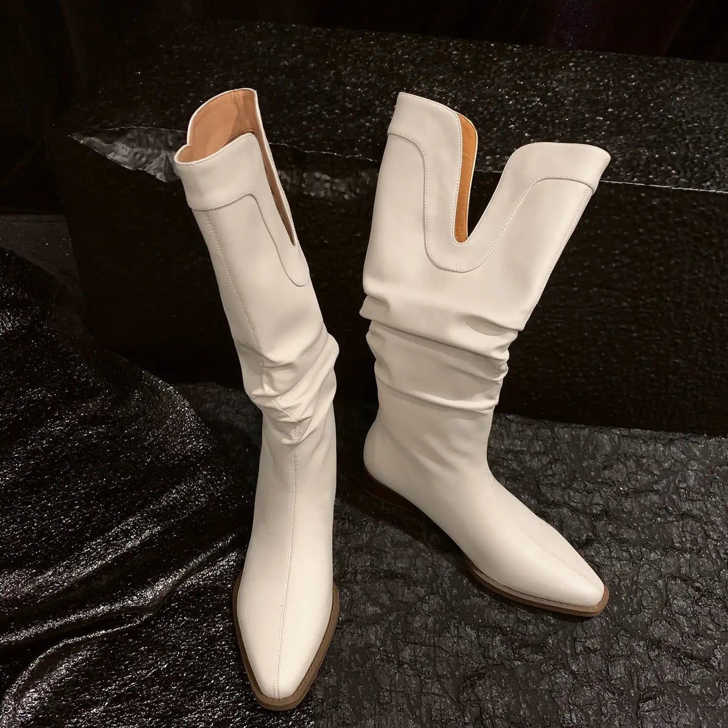 2026 New Cow Leather Round Toe Low Heels Winter Warm Riding Knee Boots  - ghoddosh.com