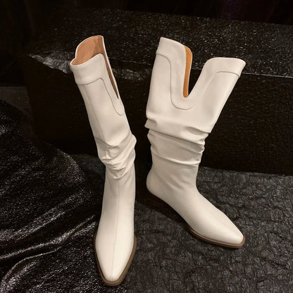 2026 New Cow Leather Round Toe Low Heels Winter Warm Riding Knee Boots  - ghoddosh.com