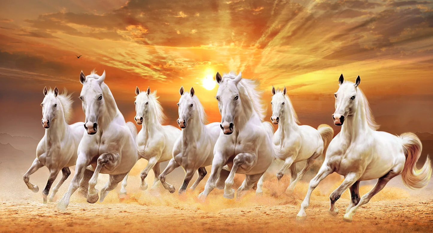 7 White Running Horses Canvas