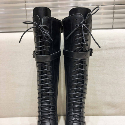 Genuine Leather Lace Up Med Heels  Round Toe Punk Superstar Riding  Over-the-knee Boots - Ghoddosh