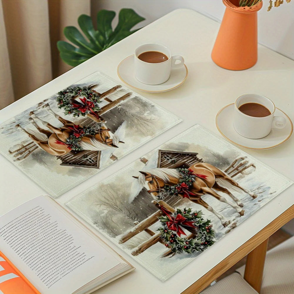 4-piece Christmas horse print placemat set - Non slip table mat for dining tables @ ghoddosh.com