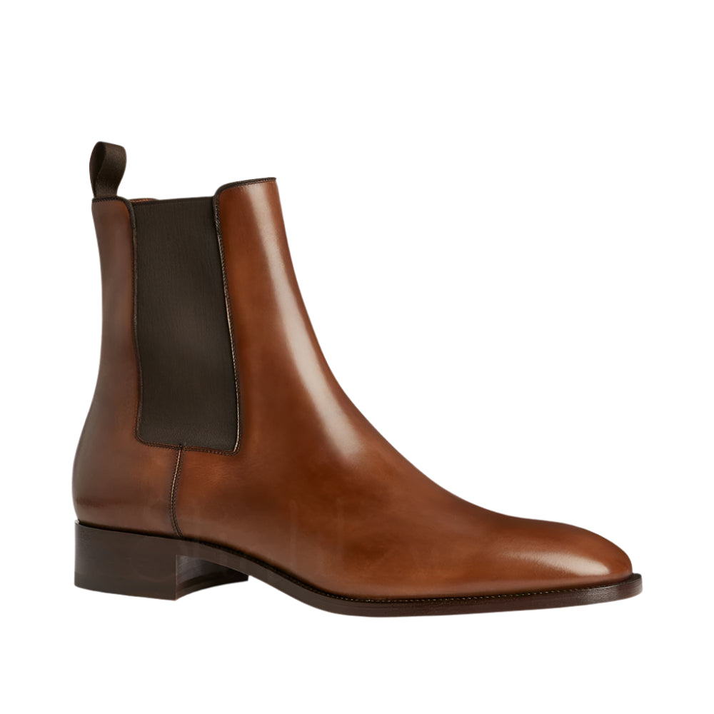 Men's Brown Patent Leather Stretch Boots  Almond Toe Slip-On - Ghoddosh