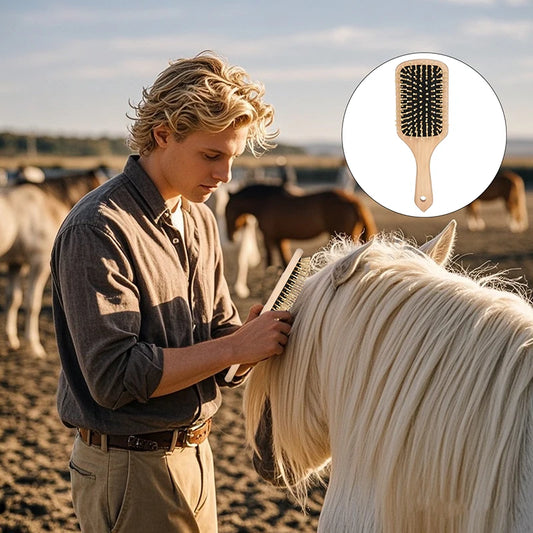 Man grooming a horse with a close-up of a wooden brush inset. @ ghoddosh.com