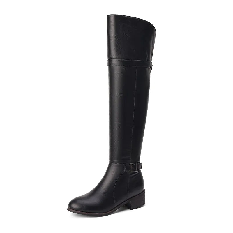 Women's Round Toe Chunky Block Heel Thigh-High Riding Boots with Belt Buckles @ ghoddosh.com