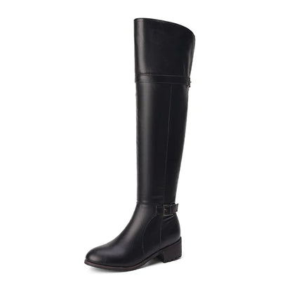 Women's Round Toe Chunky Block Heel Thigh-High Riding Boots with Belt Buckles @ ghoddosh.com