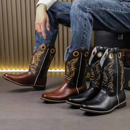 Men’s Knight High-Top  , Square Heels Embroidered Western Cowboy Boots - Ghoddosh