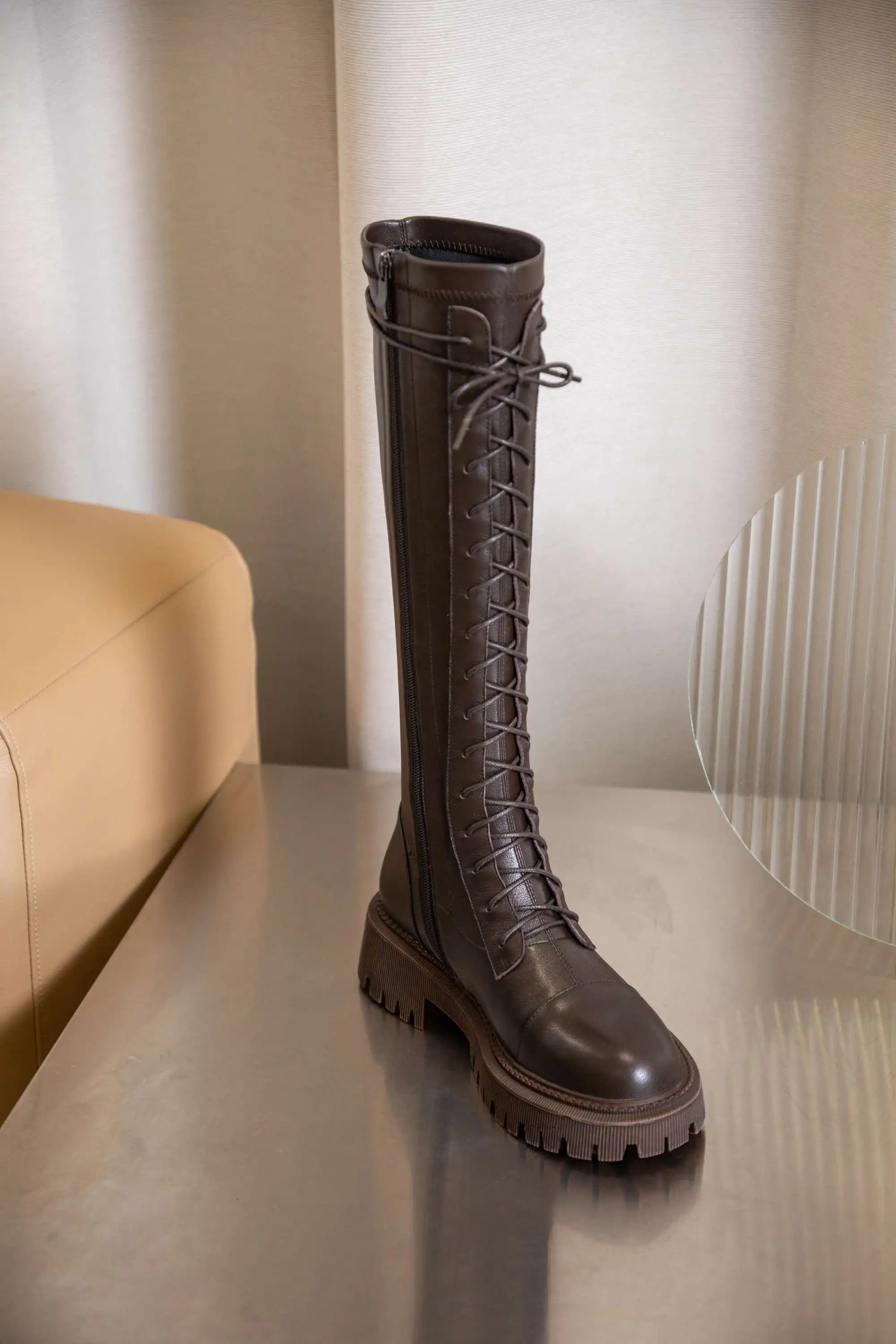 Genuine Leather Round Toe High Heel Riding Boots / Cross-tied Vintage Gladiator Lady Casual Platform Knee-high Boots .Ghoddosh

