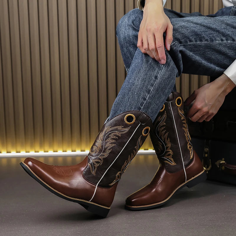 Men’s Knight High-Top  , Square Heels Embroidered Western Cowboy Boots - Ghoddosh