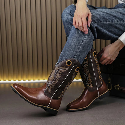 Men’s Knight High-Top  , Square Heels Embroidered Western Cowboy Boots - Ghoddosh