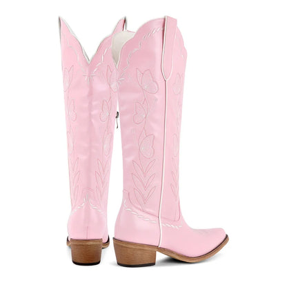 Women's Pink Knee-High Cowgirl Boots  Chunky Mid-Heel Pull-On Western Booties @ ghoddosh.com
