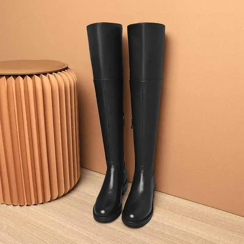 Black Classic Over‑the‑Knee Boots — Cow Leather, Mid Heel, Simple Daily Style - Ghoddosh