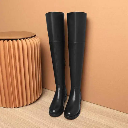 Black Classic Over‑the‑Knee Boots — Cow Leather, Mid Heel, Simple Daily Style - Ghoddosh