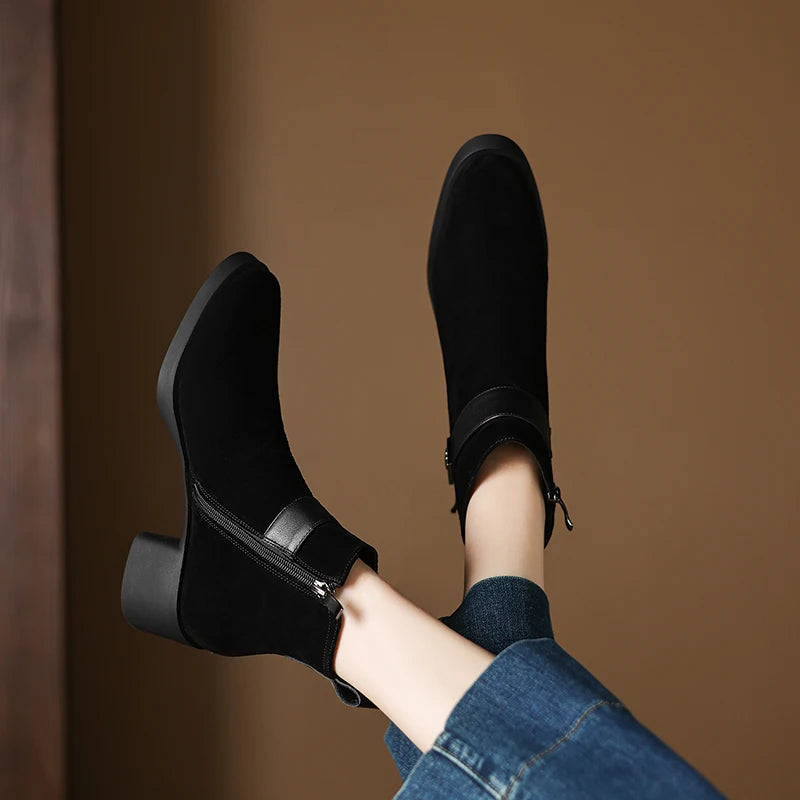 New  Women Genuine Leather  Chelsea Boots - Square  Heels Short Ankle Boots - ghoddosh.com