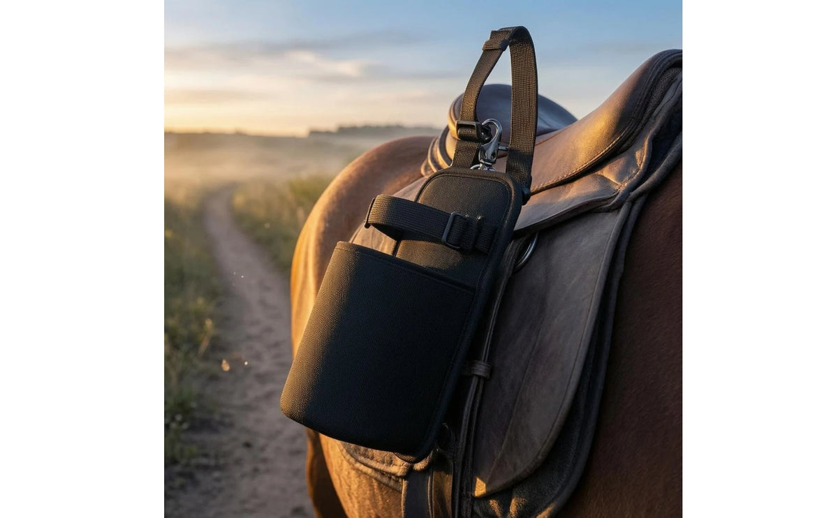 Horse Saddle Water Bottle Holder with Metal Buckle – Black Nylon Equestrian Drink Pouch for Trail Riding. @ ghoddosh.com
