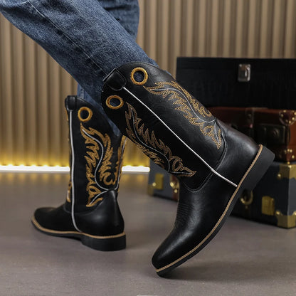 Men’s Knight High-Top  , Square Heels Embroidered Western Cowboy Boots - Ghoddosh