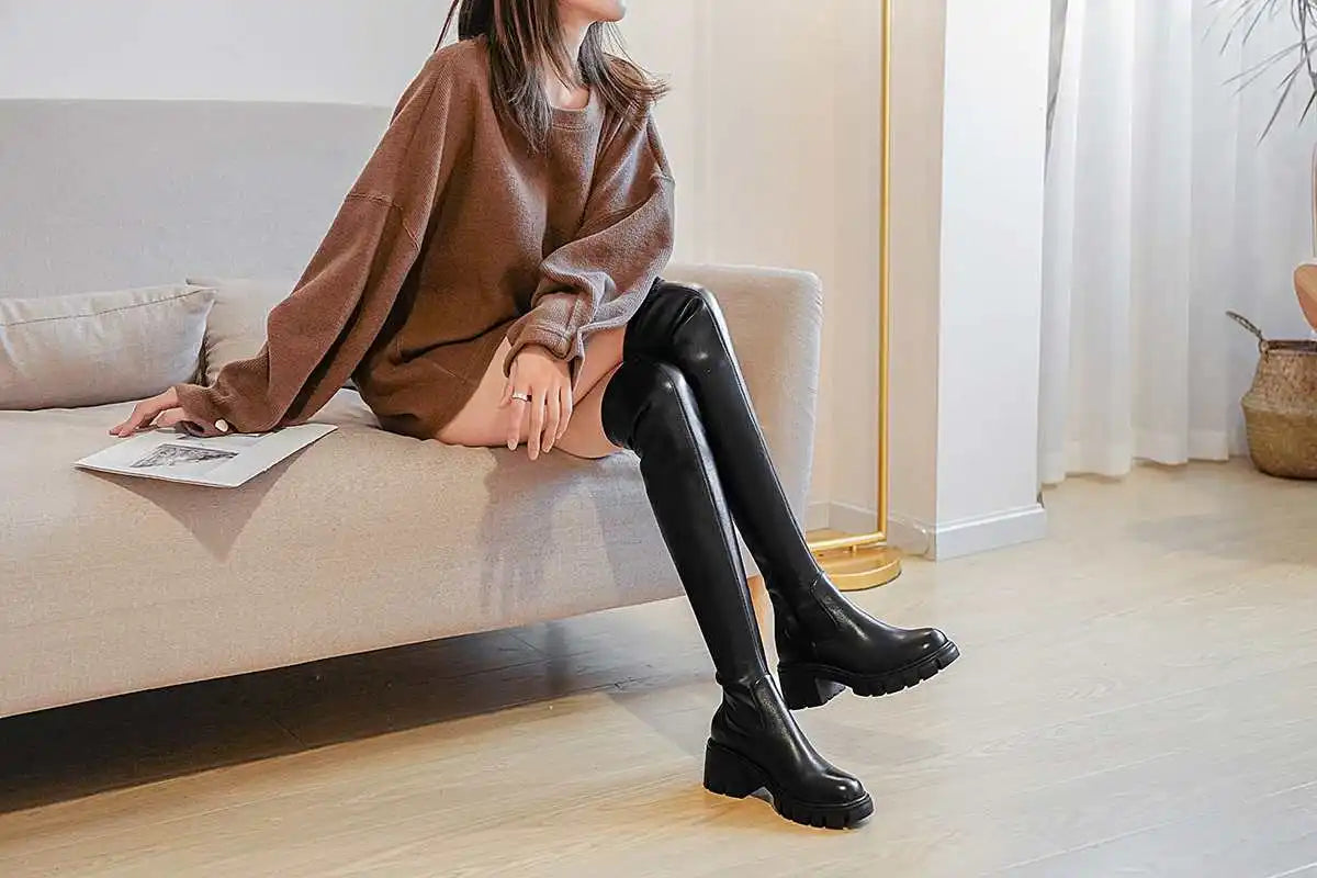 Big Size Cow Leather Stretch Over-the-knee Boots - Ghoddosh