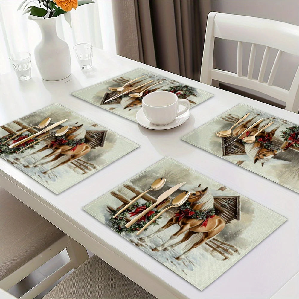 4-piece Christmas horse print placemat set - Non slip table mat for dining tables @ ghoddosh.com