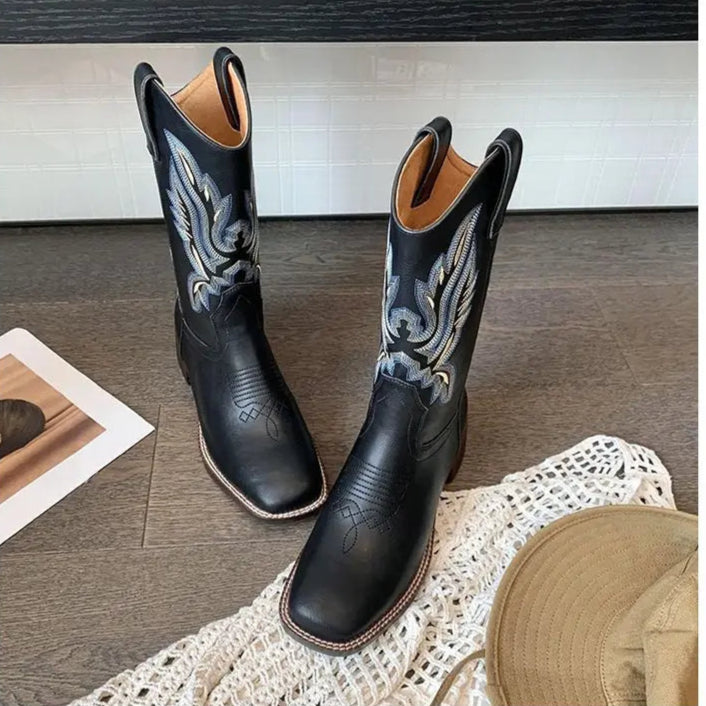 Embroidered brown cowboy boots — square toe and chunky mid-calf heel. - Ghoddosh