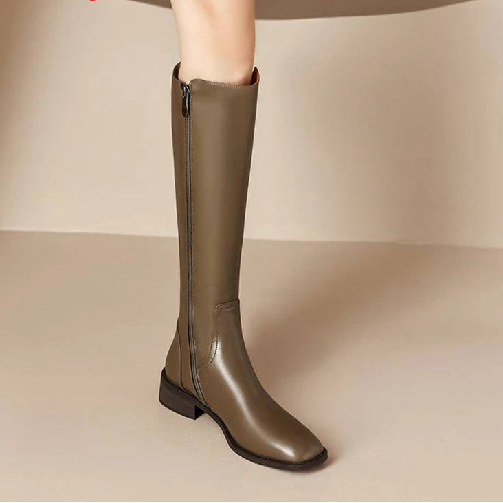 Cow Leather Square Toe Thick Med Heels  Equestrian Boots - ghoddosh.com