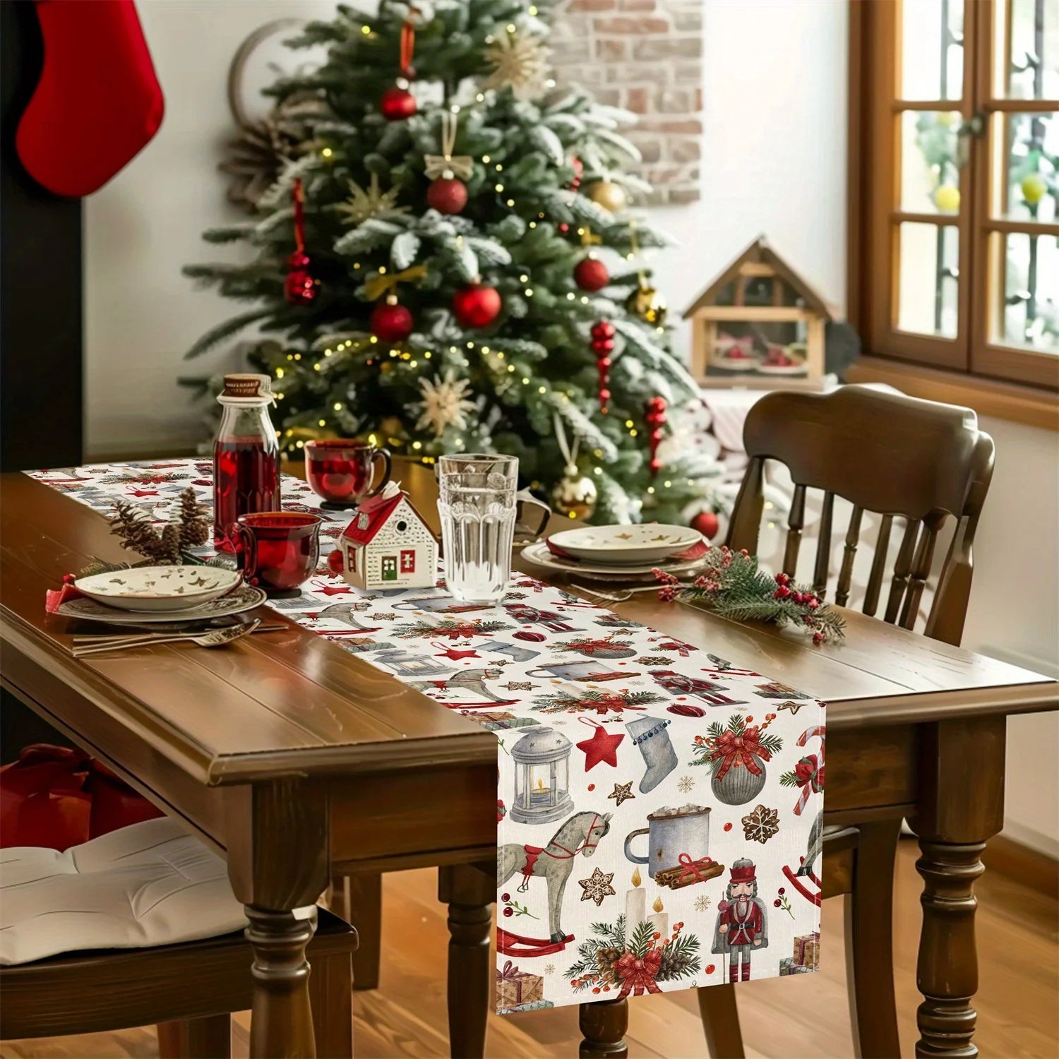 1pc Vintage Christmas Collage Table Runner, Nutcracker & Rocking Horse Design  @ghoddosh.com