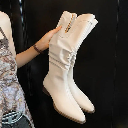 2026 New Cow Leather Round Toe Low Heels Winter Warm Riding Knee Boots  - ghoddosh.com